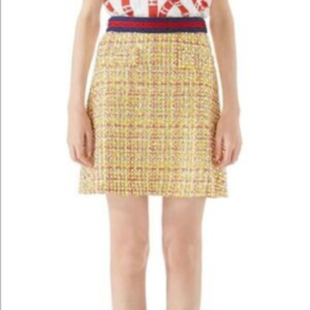 NWT Gucci yellow cotton blend a line tweed sequin embellished knee length skirt